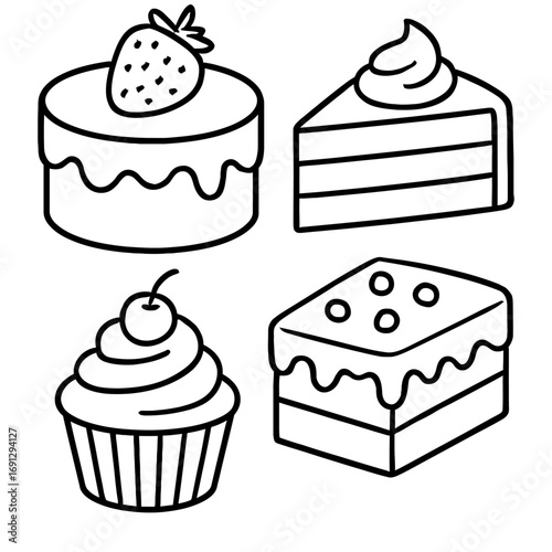 Adorable monochrome line art illustration set showcasing various delicious baked goods: a strawberry-topped round cake, a classic slice with cream, a sweet cherry cupcake, and a rectangular frosted tr