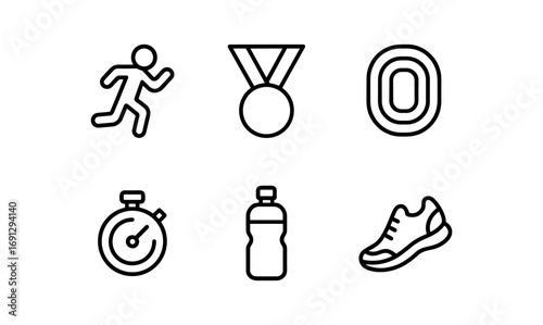 Minimalist icons for running and fitness: medals, tracks, and gear
