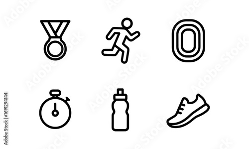 Minimalist fitness icons set featuring running, medal, stopwatch, track, shoe, and water bottle
