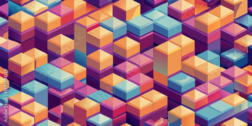 Isometric view of colorful blocks arranged in a repetitive pattern with varying heights and colors