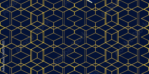 Geometric pattern with repeating gold lines forming hexagons diamonds and cubes on a dark blue background