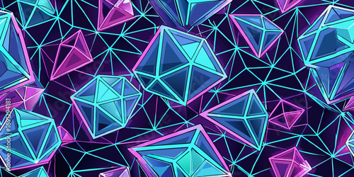 Geometric pattern featuring blue and pink icosahedrons with triangular grid background texture design