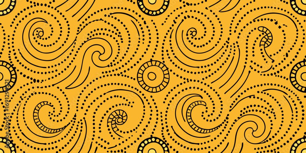 Fototapeta premium Aboriginal style art with circles and swirls on a yellow background creating a seamless pattern design