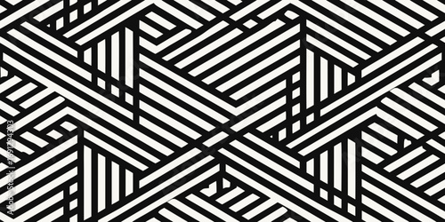 Black and white geometric pattern featuring intersecting and parallel lines creating a dynamic design