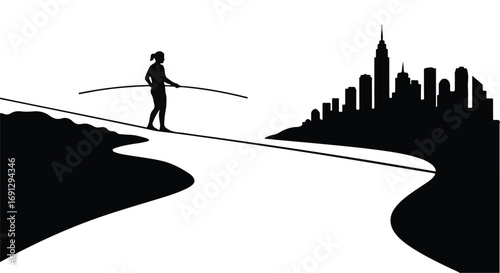 Silhouette of a person balancing on a tightrope with a cityscape in the background