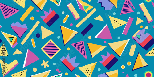 A vibrant and playful pattern featuring geometric shapes scattered on a teal colored background design style
