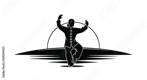 Silhouette of a person practicing Tai Chi against a rising sun, embodying balance and tranquility.