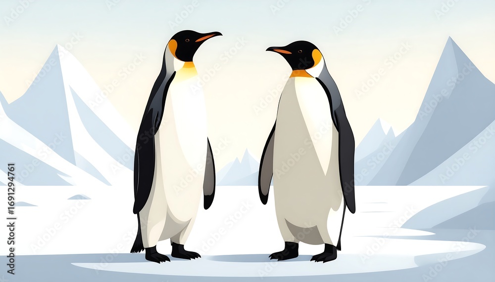 Fototapeta premium Two penguins face each other on ice