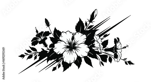 Elegant black and white hibiscus floral arrangement with dynamic lines
