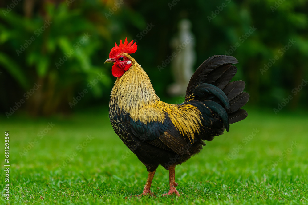 Fototapeta premium AI-Generated image of a striking black and gold rooster standing alert on bright green grass, with a softly blurred garden background.