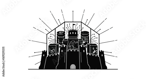 Futuristic fortress symbolizes digital security and data protection with glowing lights