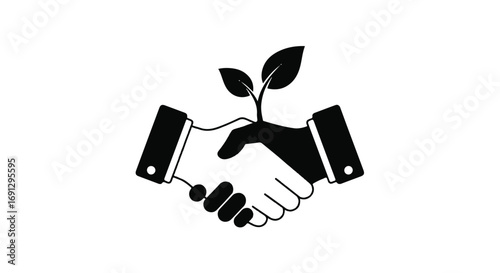 Symbolic handshake with a growing plant, representing partnership and sustainable growth.