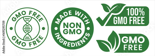 GMO free icon set. Non GMO label. No added or artificial chemicals logo, label, badge, sticker, symbol, emblem, stamp, line, vector, isolated illustration. GMO free label for product packaging design.