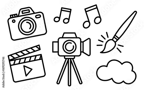 Collection of Creative Icons Representing Film Music Photography and Art on White Background Minimalist and Modern Design