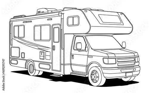 Detailed Line Art Illustration of a Recreational Vehicle for Coloring Books and Creative Projects a Mobile Home Adventure
