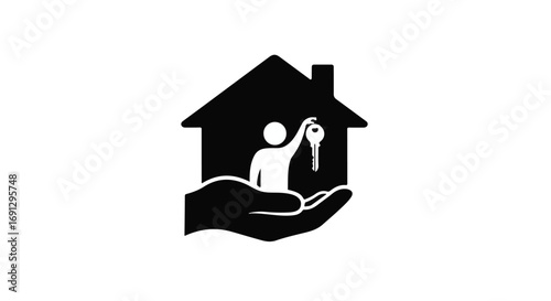 Symbolic image of a hand offering a house with a person holding a key, representing homeownership and security.