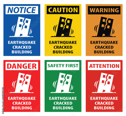 Earthquake Warning Sign with Cracked Building. Earthquake Warning sign, logo, badge, icon, sticker, label, emblem, stamp, symbol, black, line, flat vector, isolated illustration. 