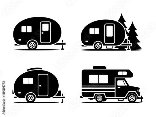 Black and White Camping Vehicles Collection Illustration for Adventure Travel and Outdoor Recreation Enthusiasts Featuring Trailers and RVs