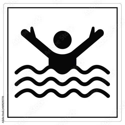 Pictogram of a person with arms raised in water indicating swimming or drowning danger warning sign