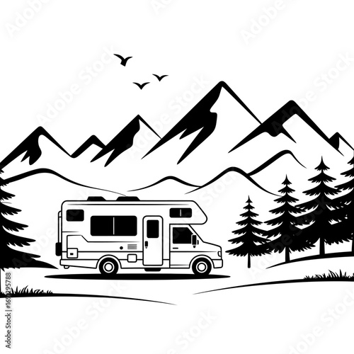 Serene Mountain Landscape with RV and Pine Trees Black and White Illustration for Outdoor Adventure and Road Trip Enthusiasts