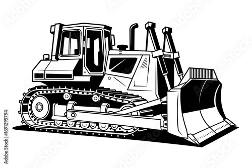 Detailed Black and White Illustration of a Powerful Bulldozer for Construction and Industrial Use
