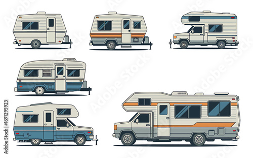 Collection of Vintage Campers and Recreational Vehicles Illustrations Isolated on White Background for Travel and Vacation Themes