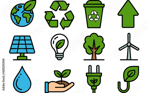 Collection of ecology and environmental icons representing sustainable development and clean energy sources for a greener future