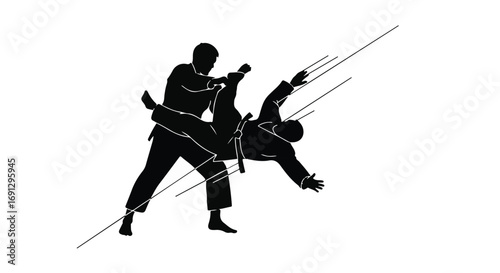 Dynamic martial arts combatants locked in a powerful grappling throw during a competitive match.