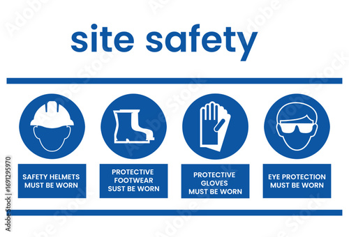 Mandatory personal protective equipment ppe safety sign. protective equipment sign - apron, boots, helmet, mask, safety glasses, gloves	