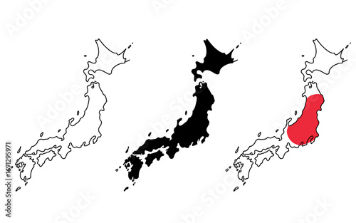 Japan Map Illustration Set Depicting Outline Solid Fill and Regional Highlight for Geographic and Travel Visuals