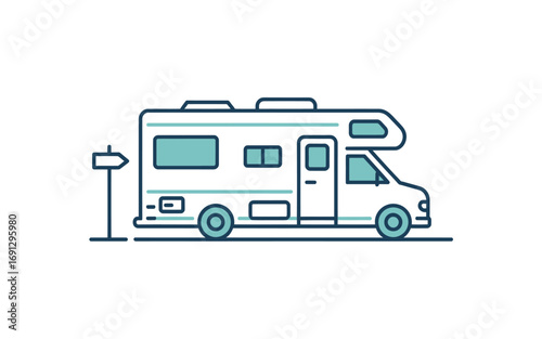 Conceptual Illustration of Recreational Vehicle and Signpost Depicting Travel and Adventure on the Road