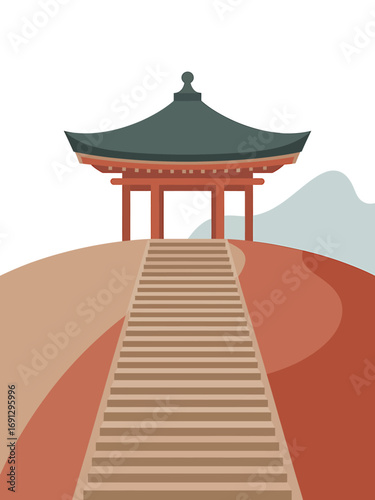 Minimalist Illustration of a Traditional Korean Pavilion on a Hill with Steps Leading Upward in Soft Earth Tones