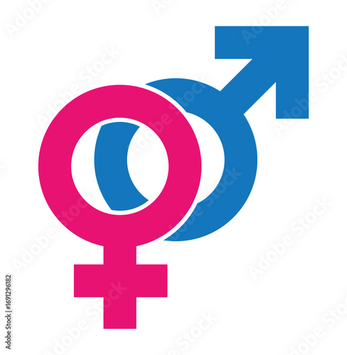 Male female gender symbols vector icon illustration. Man woman sex signs. Masculine feminine identity concept. Relationship equality pictogram. Graphic design element isolated.