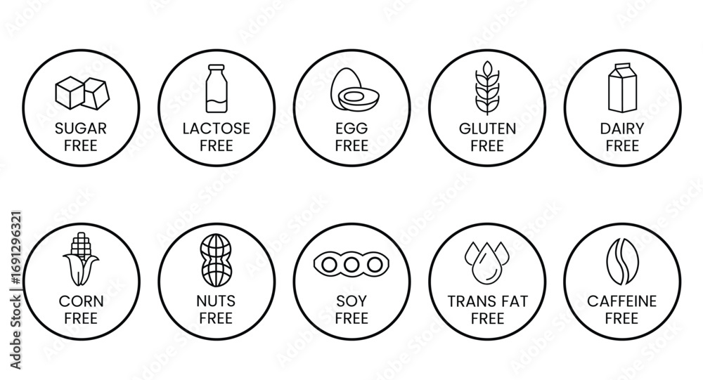 Naklejka premium Set allergen free icons. Allergen free label products. Free lactose, gluten, sugar, corn, egg, trans fat, dairy, soy, nuts, caffeine, symbol, logo, badge, black, vector, isolated on white background.