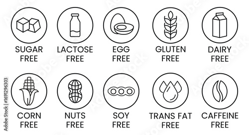 Set allergen free icons. Allergen free label products. Free lactose, gluten, sugar, corn, egg, trans fat, dairy, soy, nuts, caffeine, symbol, logo, badge, black, vector, isolated on white background.