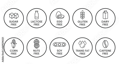 Set allergen free icons. Allergen free label products. Free lactose, gluten, sugar, corn, egg, trans fat, dairy, soy, nuts, caffeine, symbol, logo, badge, black, vector, isolated on white background.