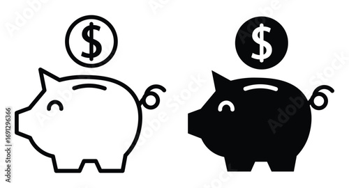 Simple outline and silhouette piggy banks with dollar coins for saving money and financial concepts