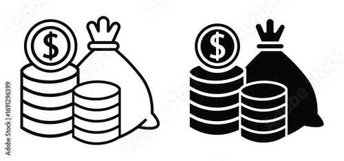 Money, budget, savings, loan, cash, earning, income, wallet, currency, dollar, card, coin, revenue, piggy bank, and profit icon set. Finance business thin line icon collection.
