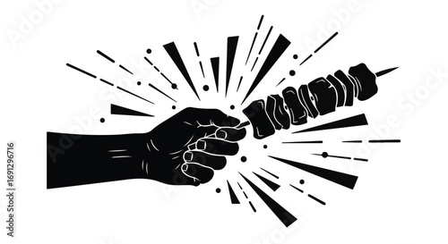 Hand holding skewer of meat with radiating lines, symbolizing deliciousness and culinary excitement