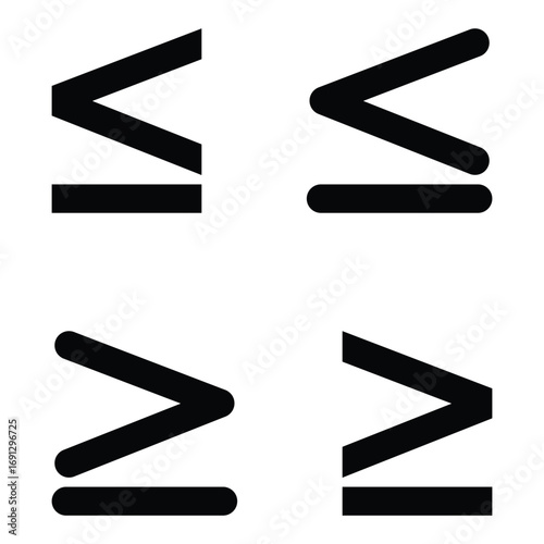 Mathematics inequality symbols. Greater than, less than, greater than or equal to and less than or equal to sign.