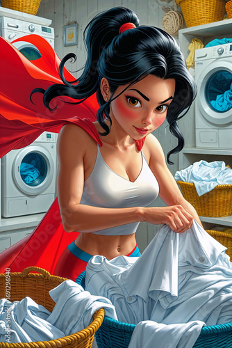 Empowered superhero woman with a red cape, skillfully folding laundry in a modern domestic setting, symbolizing multitasking and daily household power.