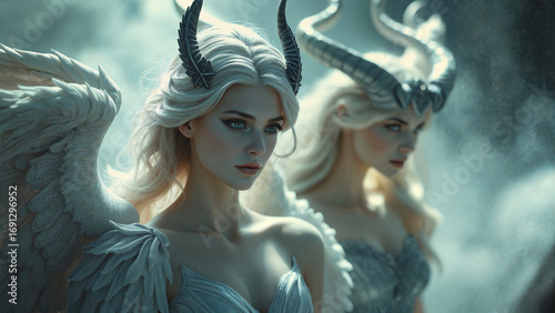 Fantasy Portrait of Two Beautiful Women Angels With Horns, Wings, and Blonde Hair in Ethereal Setting for Book Covers and Fantasy Art