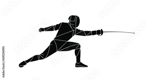 Dynamic fencer in protective gear lunges forward with sword extended in athletic combat.