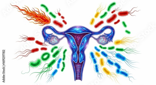 Vibrant uterus surrounded by diverse colorful bacteria in medical illustration style