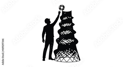 Silhouette of a person reaching for a circular object atop a futuristic, abstract sculpture against a white background.
