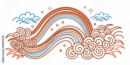 Illustration of a stylized rainbow with clouds and swirls on a white background design element
