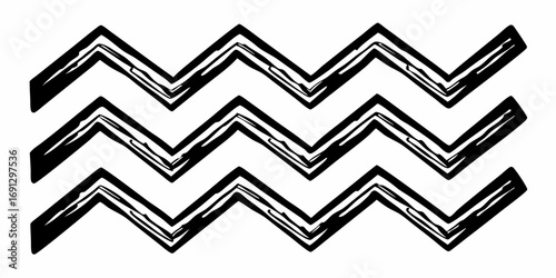 Hand drawn aquarius zodiac sign featuring three horizontal zigzag lines in black and white color scheme