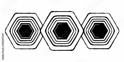 Three interconnected black and white nested hexagons creating a geometric pattern with a clean design