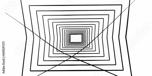 Perspective view of nested squares with intersecting lines creating a tunnel effect illusion art