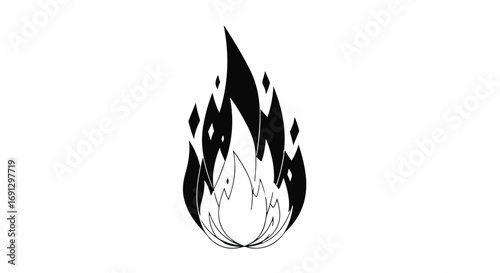 Stylized black flame illustration with abstract shapes against a white background